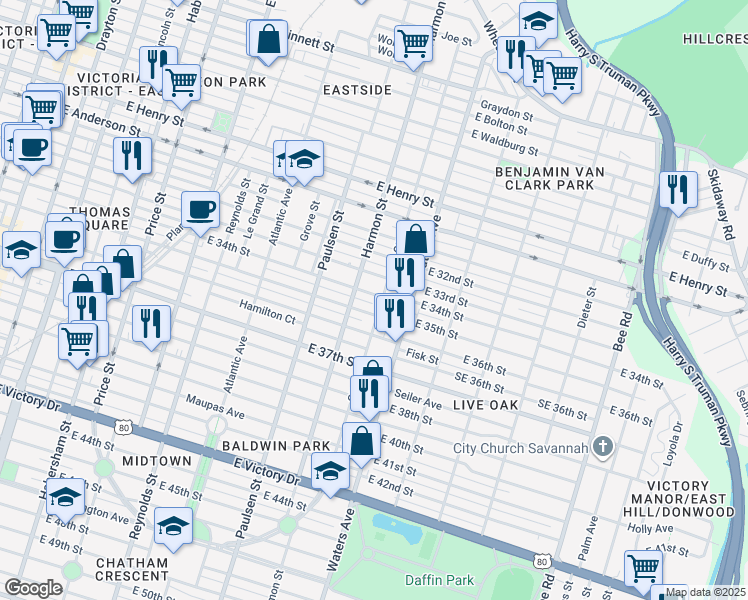map of restaurants, bars, coffee shops, grocery stores, and more near 1812 Ott Street in Savannah
