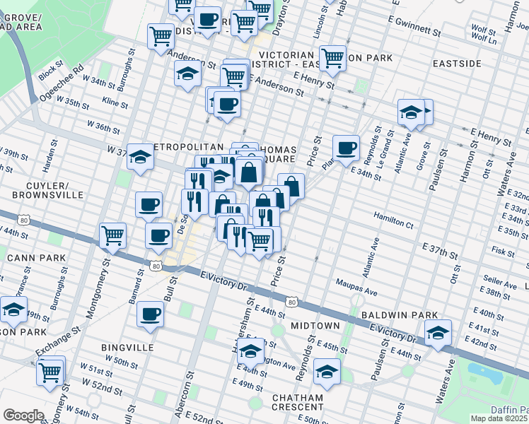 map of restaurants, bars, coffee shops, grocery stores, and more near 213 East 38th Street in Savannah