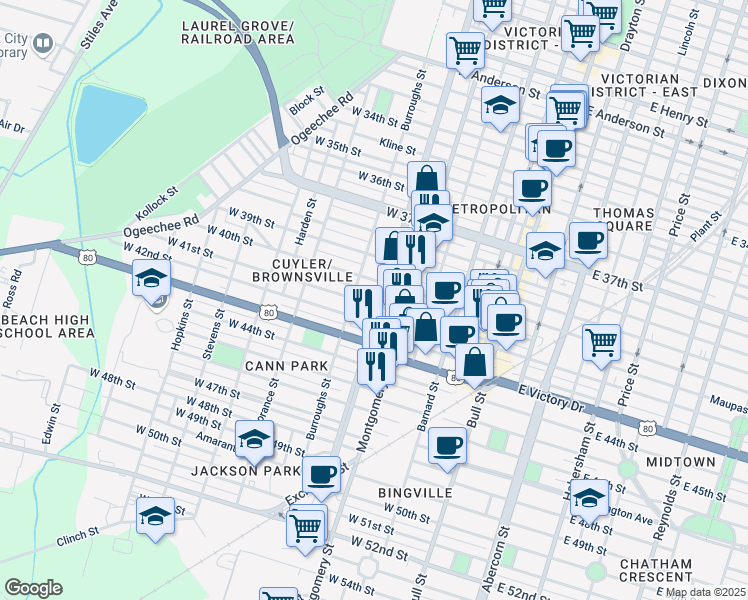 map of restaurants, bars, coffee shops, grocery stores, and more near 419 West 41st Street in Savannah