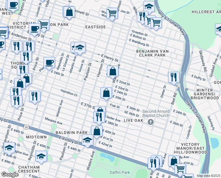 map of restaurants, bars, coffee shops, grocery stores, and more near 1810 Waters Avenue in Savannah