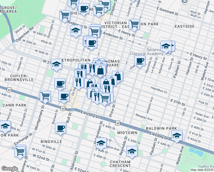 map of restaurants, bars, coffee shops, grocery stores, and more near 213 East 38th Street in Savannah