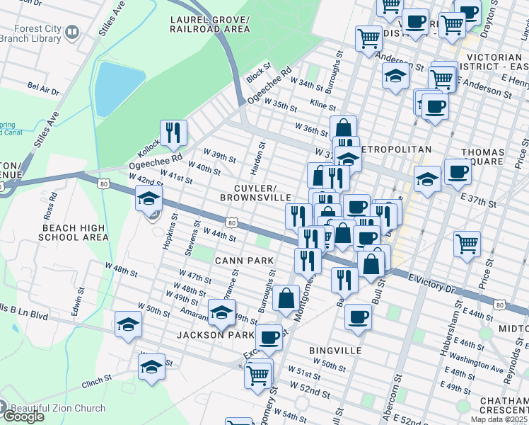 map of restaurants, bars, coffee shops, grocery stores, and more near 639 West 42nd Street in Savannah