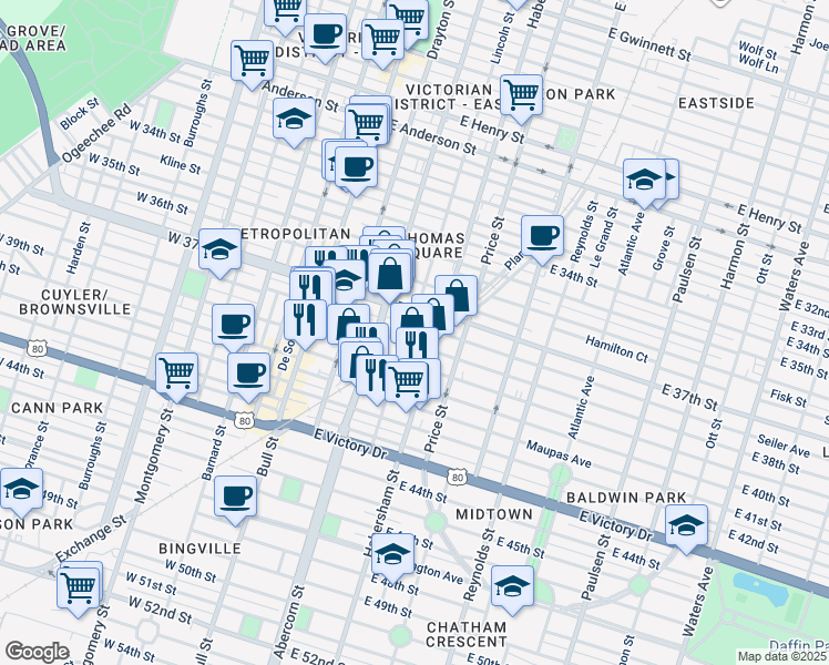 map of restaurants, bars, coffee shops, grocery stores, and more near 213 East 38th Street in Savannah