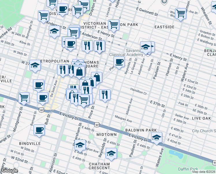 map of restaurants, bars, coffee shops, grocery stores, and more near 537 East 37th Street in Savannah