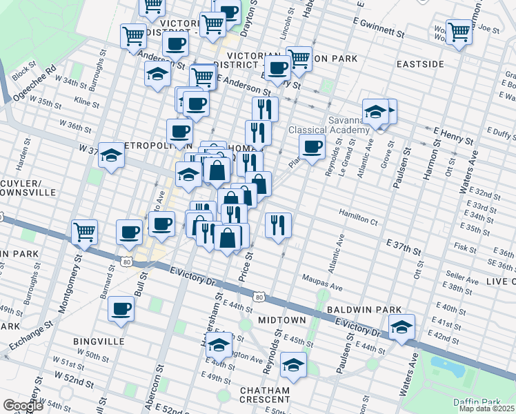 map of restaurants, bars, coffee shops, grocery stores, and more near 505 Seiler Avenue in Savannah