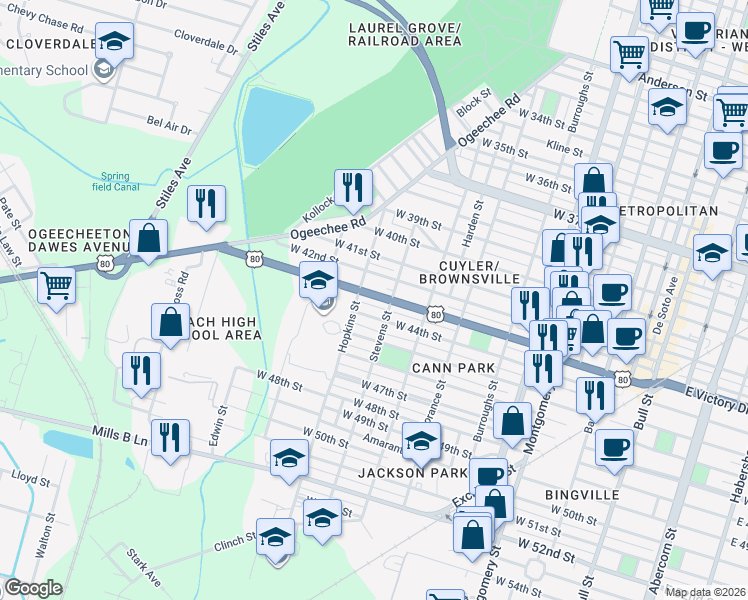 map of restaurants, bars, coffee shops, grocery stores, and more near 1010 West 44th Street in Savannah