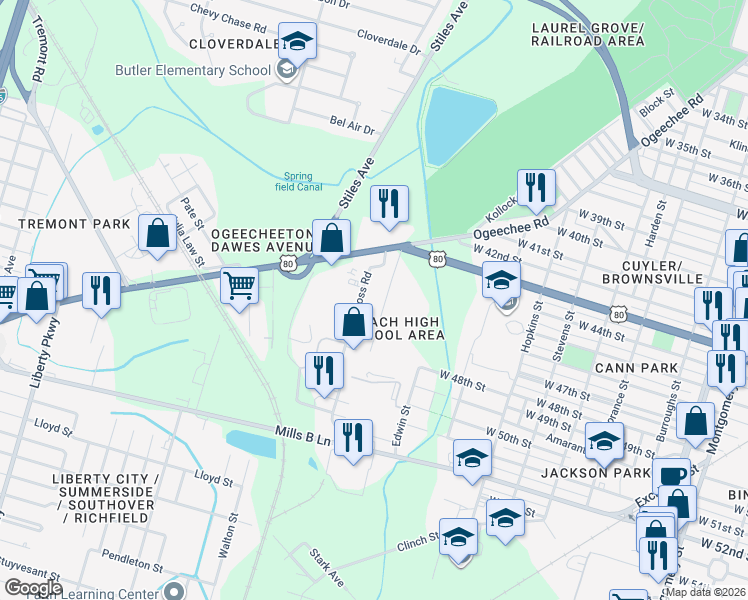 map of restaurants, bars, coffee shops, grocery stores, and more near 44 Ross Road in Savannah