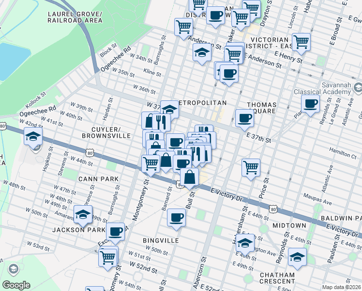 map of restaurants, bars, coffee shops, grocery stores, and more near 203 West 40th Street in Savannah