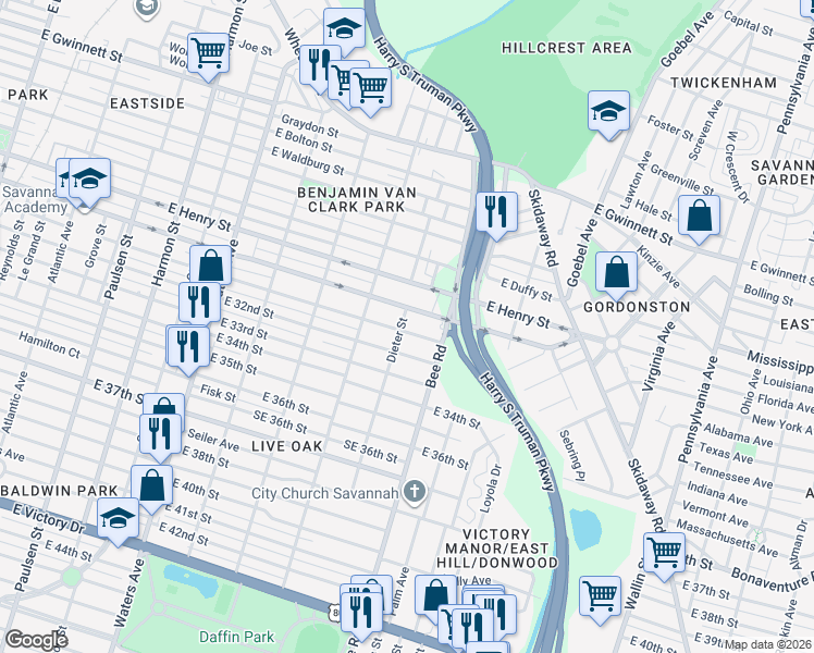 map of restaurants, bars, coffee shops, grocery stores, and more near 1506 East 32nd Street in Savannah