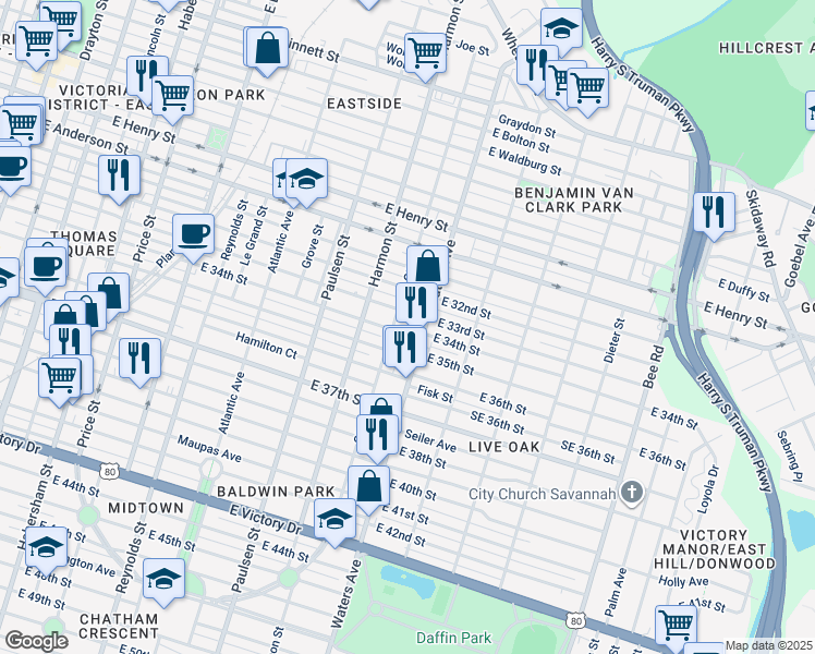 map of restaurants, bars, coffee shops, grocery stores, and more near 1812 Ott Street in Savannah