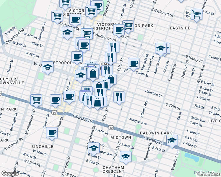 map of restaurants, bars, coffee shops, grocery stores, and more near 505 Seiler Avenue in Savannah