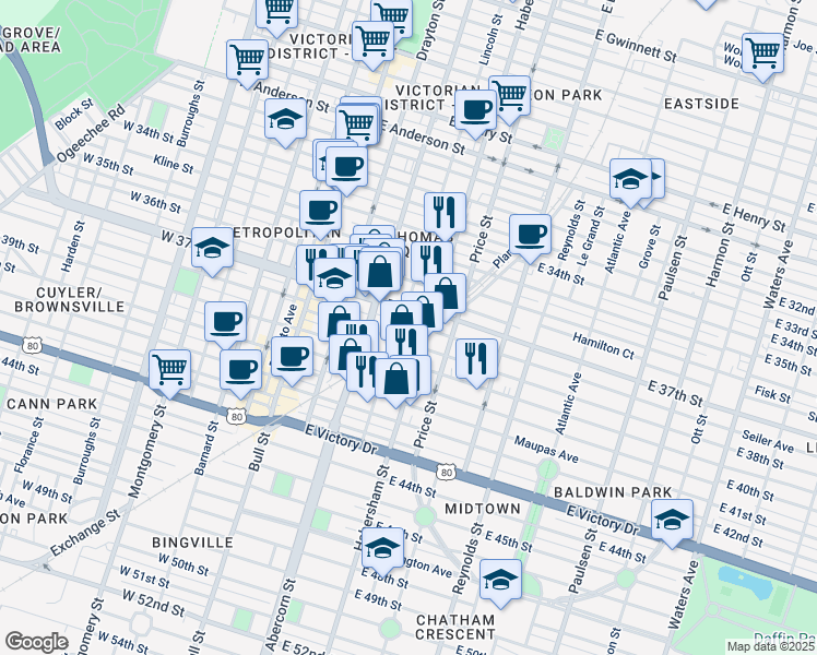 map of restaurants, bars, coffee shops, grocery stores, and more near 402 East 38th Street in Savannah