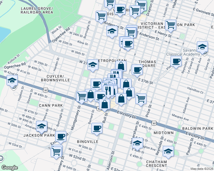 map of restaurants, bars, coffee shops, grocery stores, and more near 18 West 40th Street in Savannah