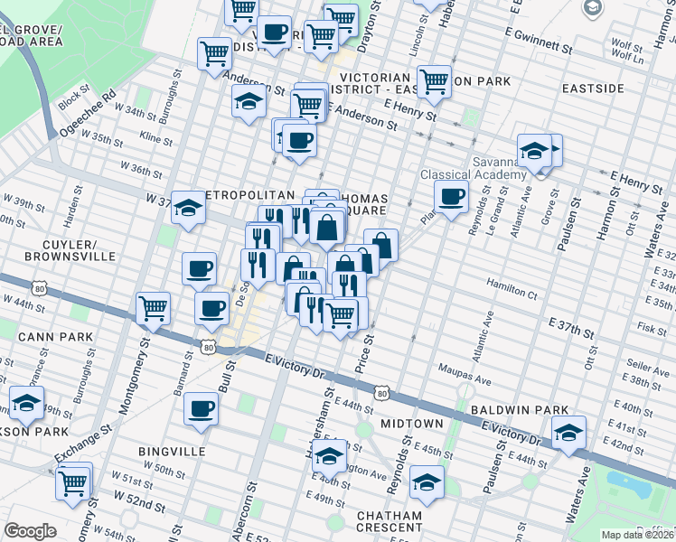 map of restaurants, bars, coffee shops, grocery stores, and more near 213 East 38th Street in Savannah