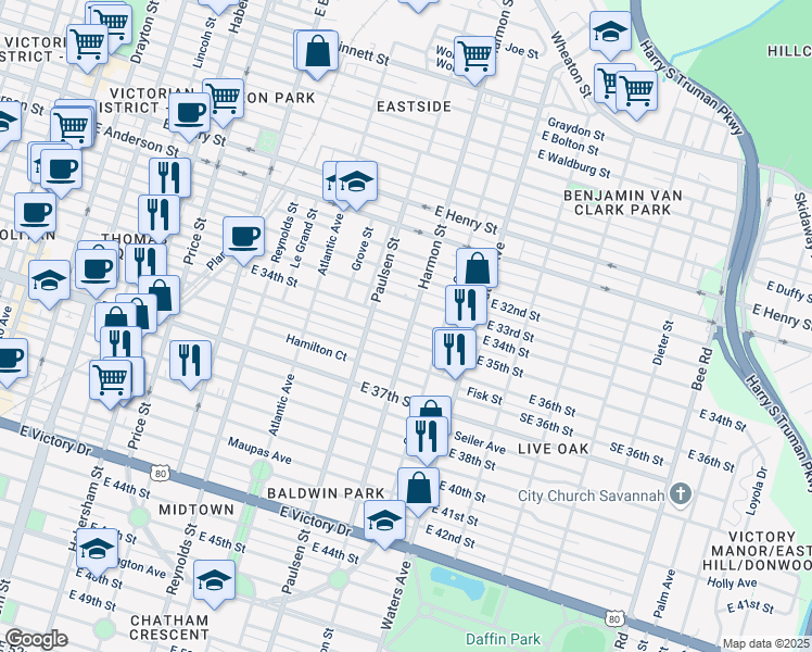map of restaurants, bars, coffee shops, grocery stores, and more near 1901 Harmon Street in Savannah