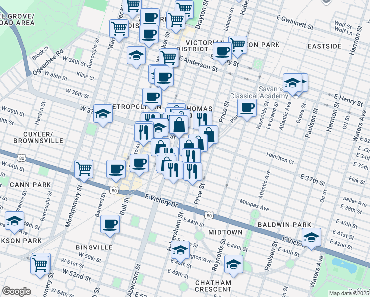 map of restaurants, bars, coffee shops, grocery stores, and more near 213 East 38th Street in Savannah