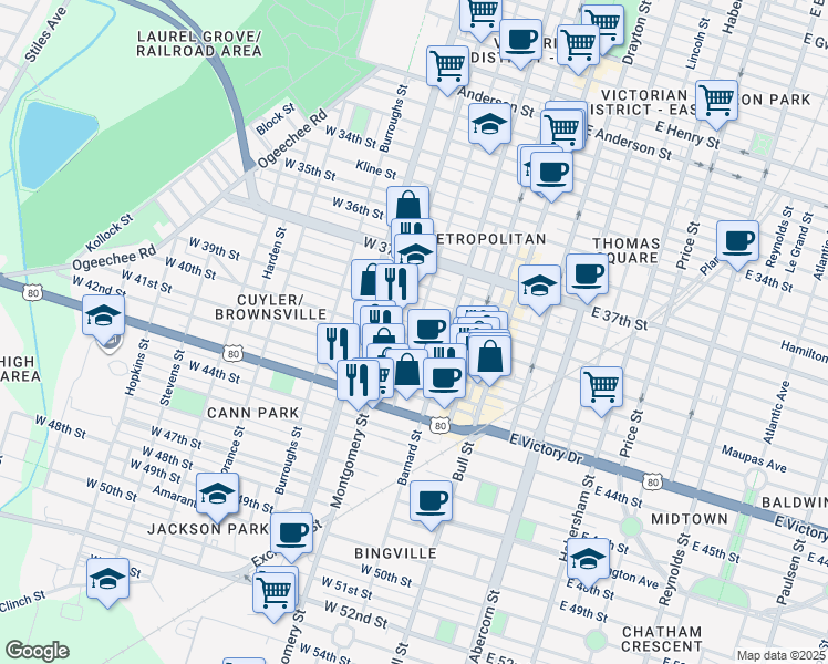 map of restaurants, bars, coffee shops, grocery stores, and more near 316 West 41st Street in Savannah