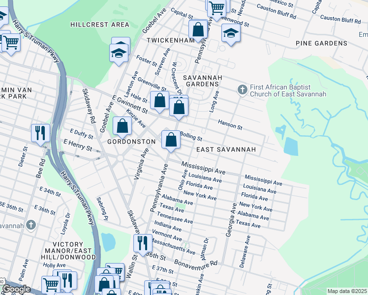 map of restaurants, bars, coffee shops, grocery stores, and more near 2006 Alaska Street in Savannah