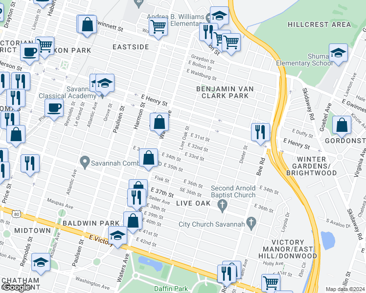 map of restaurants, bars, coffee shops, grocery stores, and more near 1126 East 32nd Street in Savannah