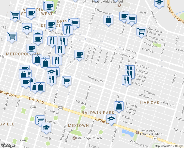 map of restaurants, bars, coffee shops, grocery stores, and more near 638 East 35th Street in Savannah