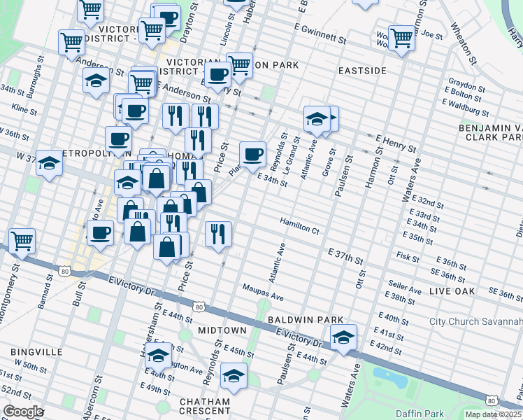 map of restaurants, bars, coffee shops, grocery stores, and more near 1905 Reynolds Street in Savannah