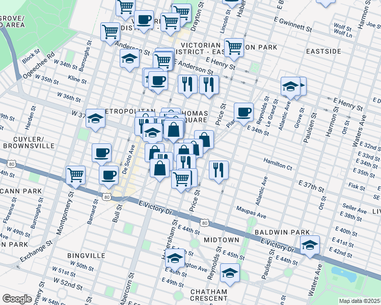 map of restaurants, bars, coffee shops, grocery stores, and more near 312 East 37th Street in Savannah