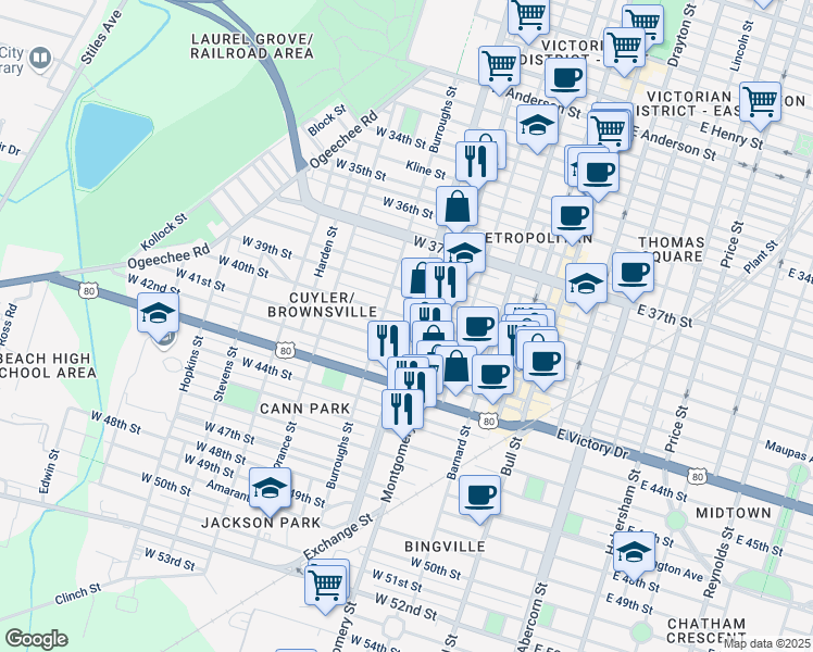 map of restaurants, bars, coffee shops, grocery stores, and more near 2311 Martin Luther King Junior Boulevard in Savannah