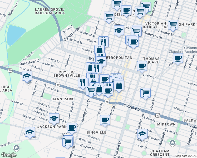 map of restaurants, bars, coffee shops, grocery stores, and more near 2299 Montgomery Street in Savannah