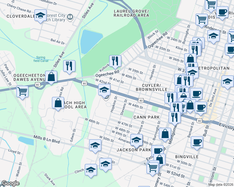 map of restaurants, bars, coffee shops, grocery stores, and more near 919 West 42nd Street in Savannah