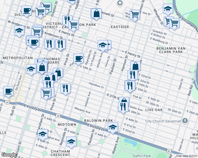 map of restaurants, bars, coffee shops, grocery stores, and more near 705 East 34th Street in Savannah