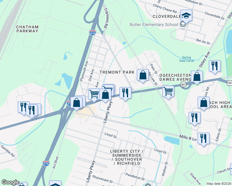 map of restaurants, bars, coffee shops, grocery stores, and more near 3201 Ogeechee Road in Savannah
