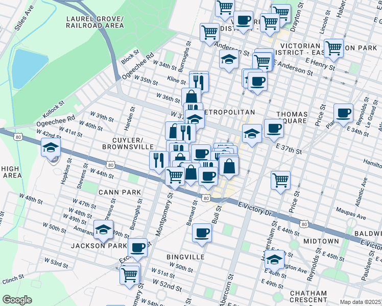 map of restaurants, bars, coffee shops, grocery stores, and more near 2299 Montgomery Street in Savannah