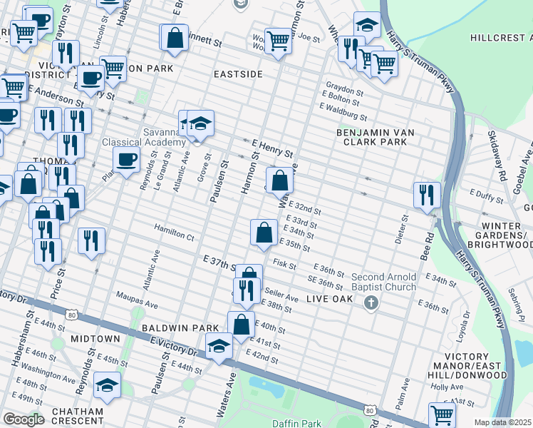 map of restaurants, bars, coffee shops, grocery stores, and more near 1611 Ott Street in Savannah
