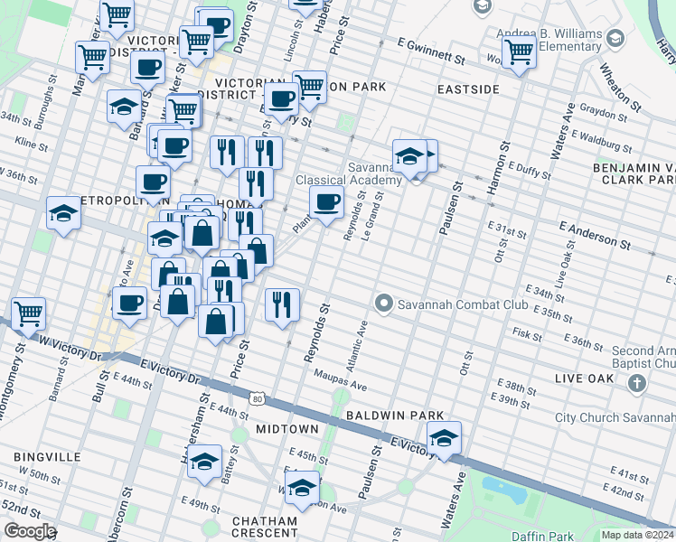 map of restaurants, bars, coffee shops, grocery stores, and more near 1905 Reynolds Street in Savannah