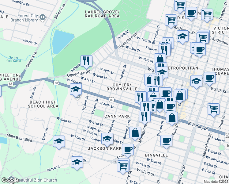 map of restaurants, bars, coffee shops, grocery stores, and more near 814 West 41st Street in Savannah
