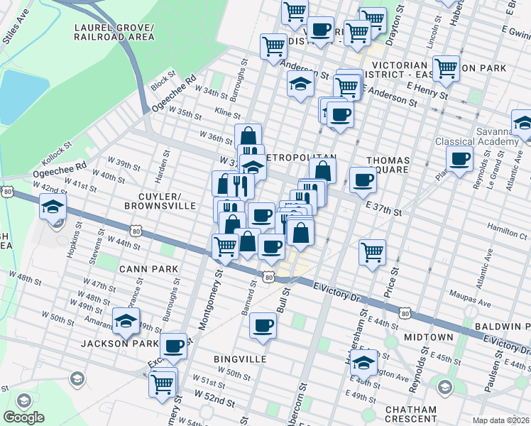 map of restaurants, bars, coffee shops, grocery stores, and more near 212 West 39th Street in Savannah