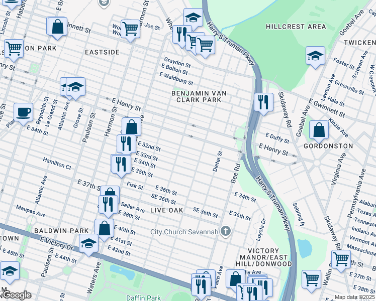 map of restaurants, bars, coffee shops, grocery stores, and more near 1304 East 31st Street in Savannah
