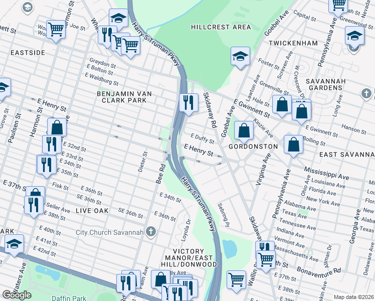 map of restaurants, bars, coffee shops, grocery stores, and more near 1602 East Henry Street in Savannah