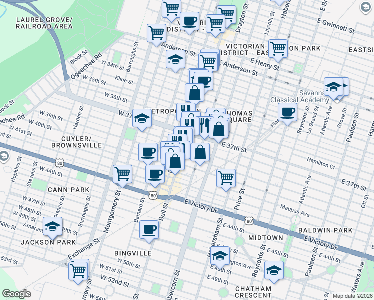 map of restaurants, bars, coffee shops, grocery stores, and more near 2112 Bull Street in Savannah