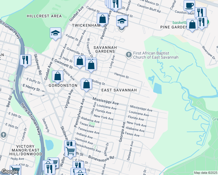map of restaurants, bars, coffee shops, grocery stores, and more near 2132 Bolling Street in Savannah