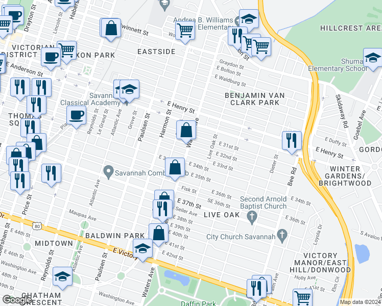 map of restaurants, bars, coffee shops, grocery stores, and more near 1601 Waters Avenue in Savannah
