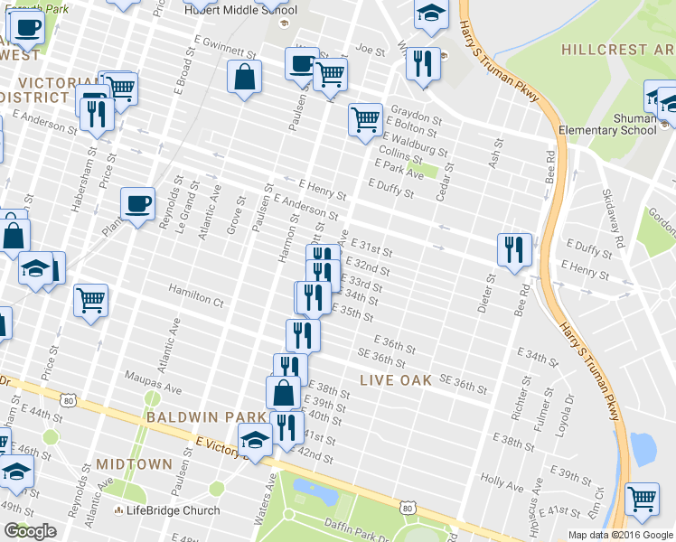 map of restaurants, bars, coffee shops, grocery stores, and more near 1601 Waters Avenue in Savannah