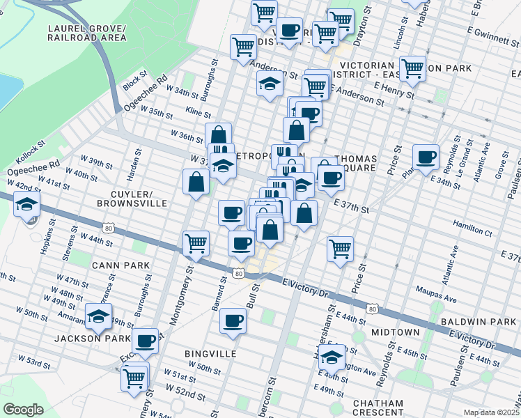 map of restaurants, bars, coffee shops, grocery stores, and more near 2215 Whitaker Street in Savannah