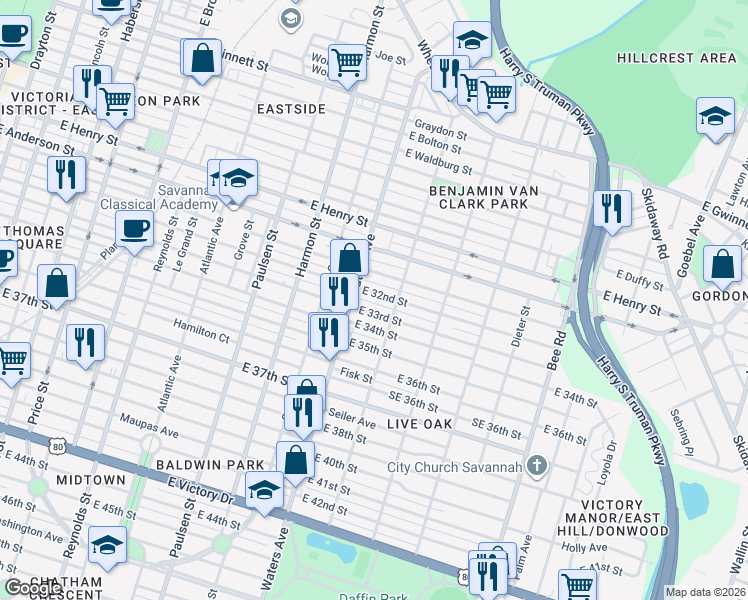 map of restaurants, bars, coffee shops, grocery stores, and more near 1126 East 32nd Street in Savannah