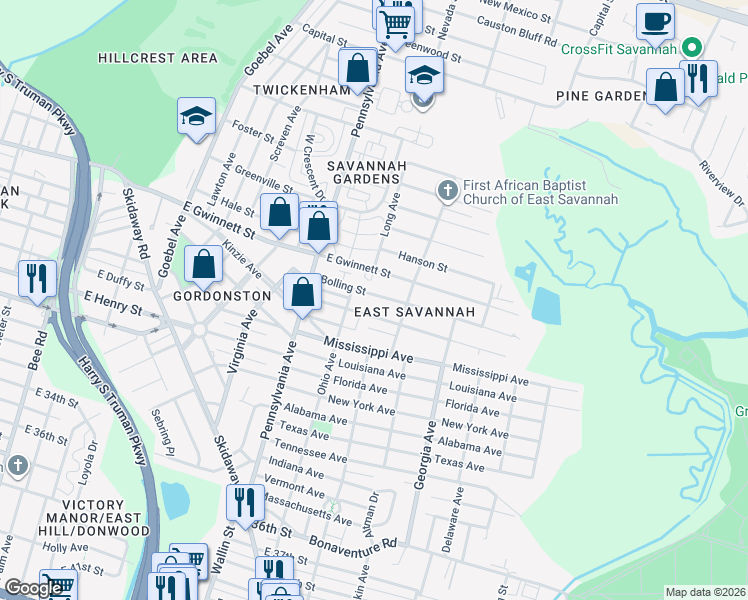 map of restaurants, bars, coffee shops, grocery stores, and more near 2101 Bolling Street in Savannah