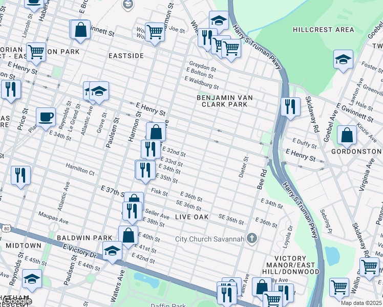 map of restaurants, bars, coffee shops, grocery stores, and more near 1215 East 31st Street in Savannah
