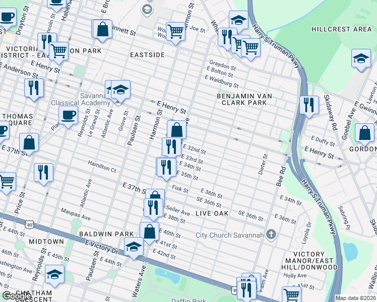 map of restaurants, bars, coffee shops, grocery stores, and more near 1126 East 32nd Street in Savannah