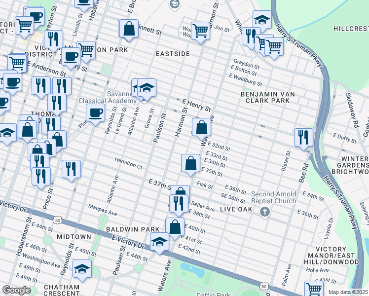 map of restaurants, bars, coffee shops, grocery stores, and more near 1611 Ott Street in Savannah