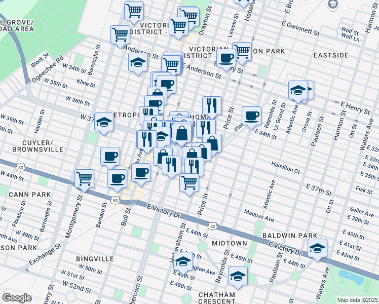 map of restaurants, bars, coffee shops, grocery stores, and more near 212 East 37th Street in Savannah