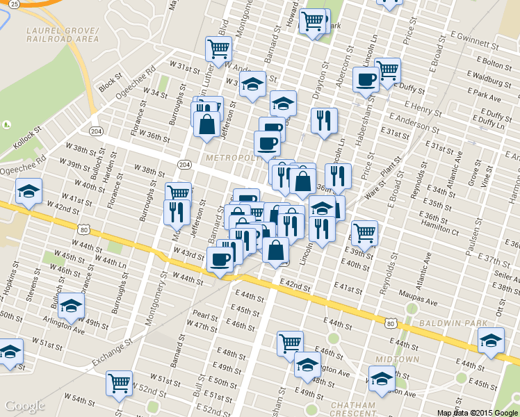 map of restaurants, bars, coffee shops, grocery stores, and more near 2112 Bull Street in Savannah